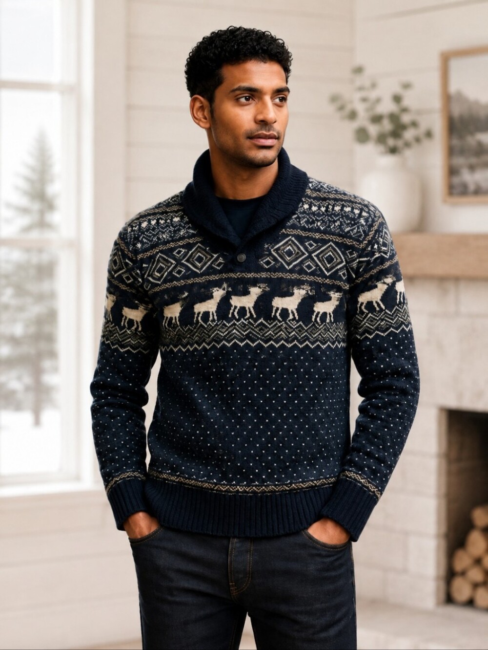 Navy Nordic print sweater Winter reindeer/ snowflake birdseye Apres Ski sz M